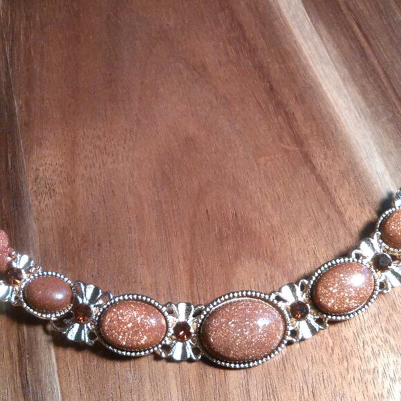 Gold Sandstone and Brown Austrian Crystal Beaded Goldtone Dragon Necklace - Picture 7 of 13